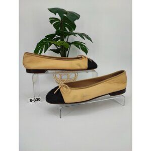 Chanel Women’s CC Lambskin Cap Toe Ballerinas Beige & Gold Flats Size 8.5 US